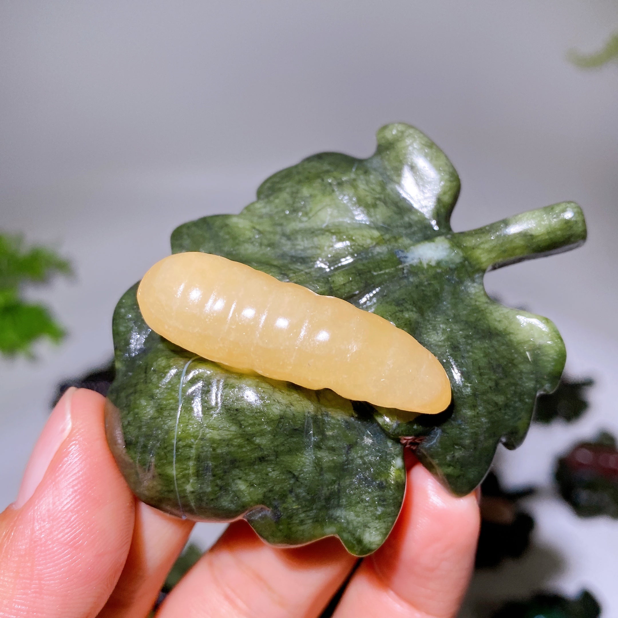 2.7 Inch Crystal Silkworm on Serpentine Leaf Figurine