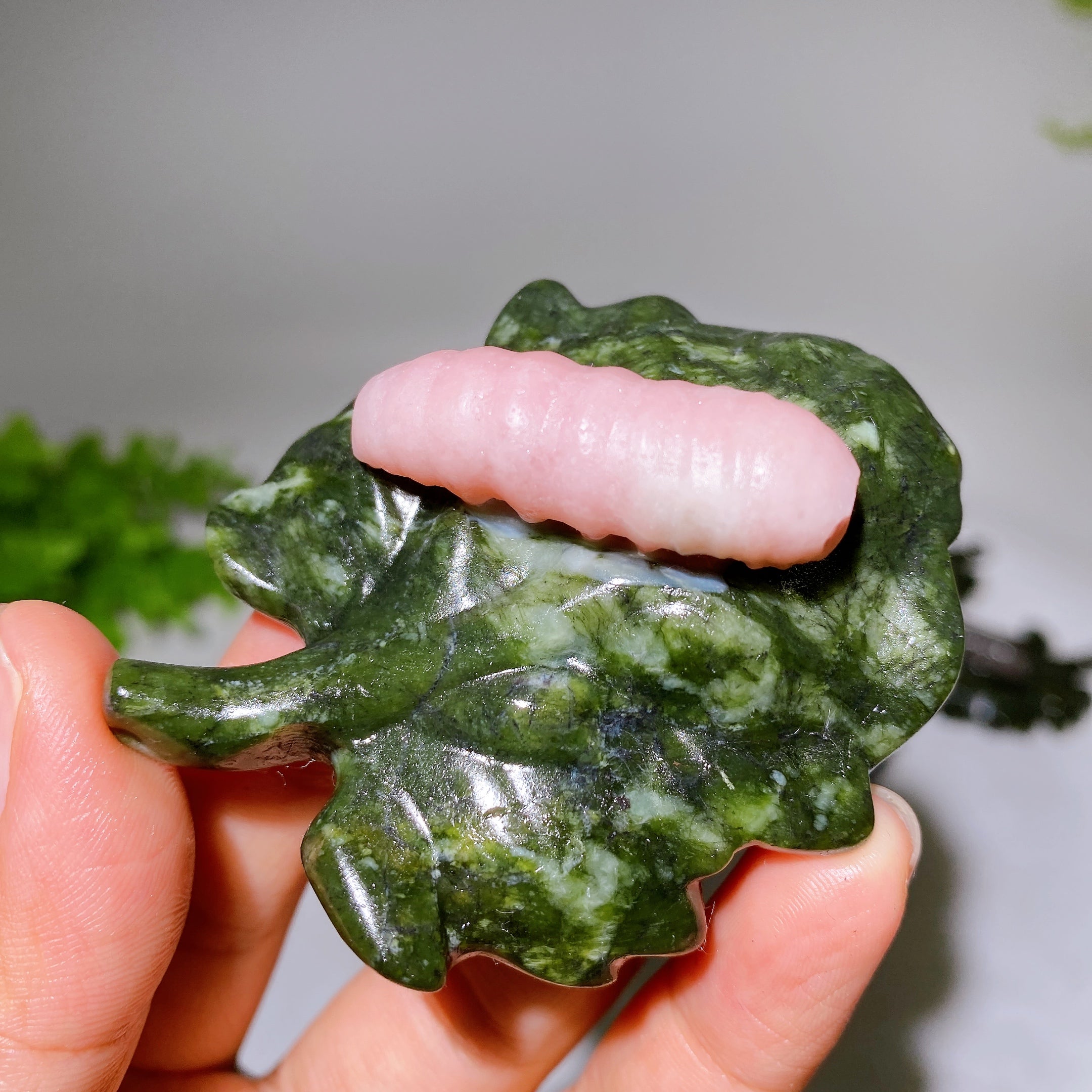 2.7 Inch Crystal Silkworm on Serpentine Leaf Figurine