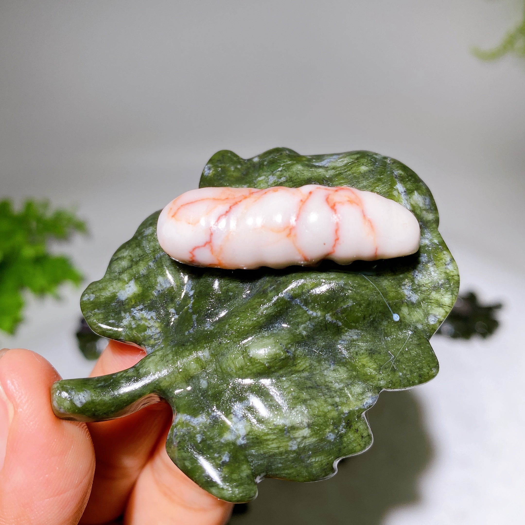 2.7 Inch Crystal Silkworm on Serpentine Leaf Figurine