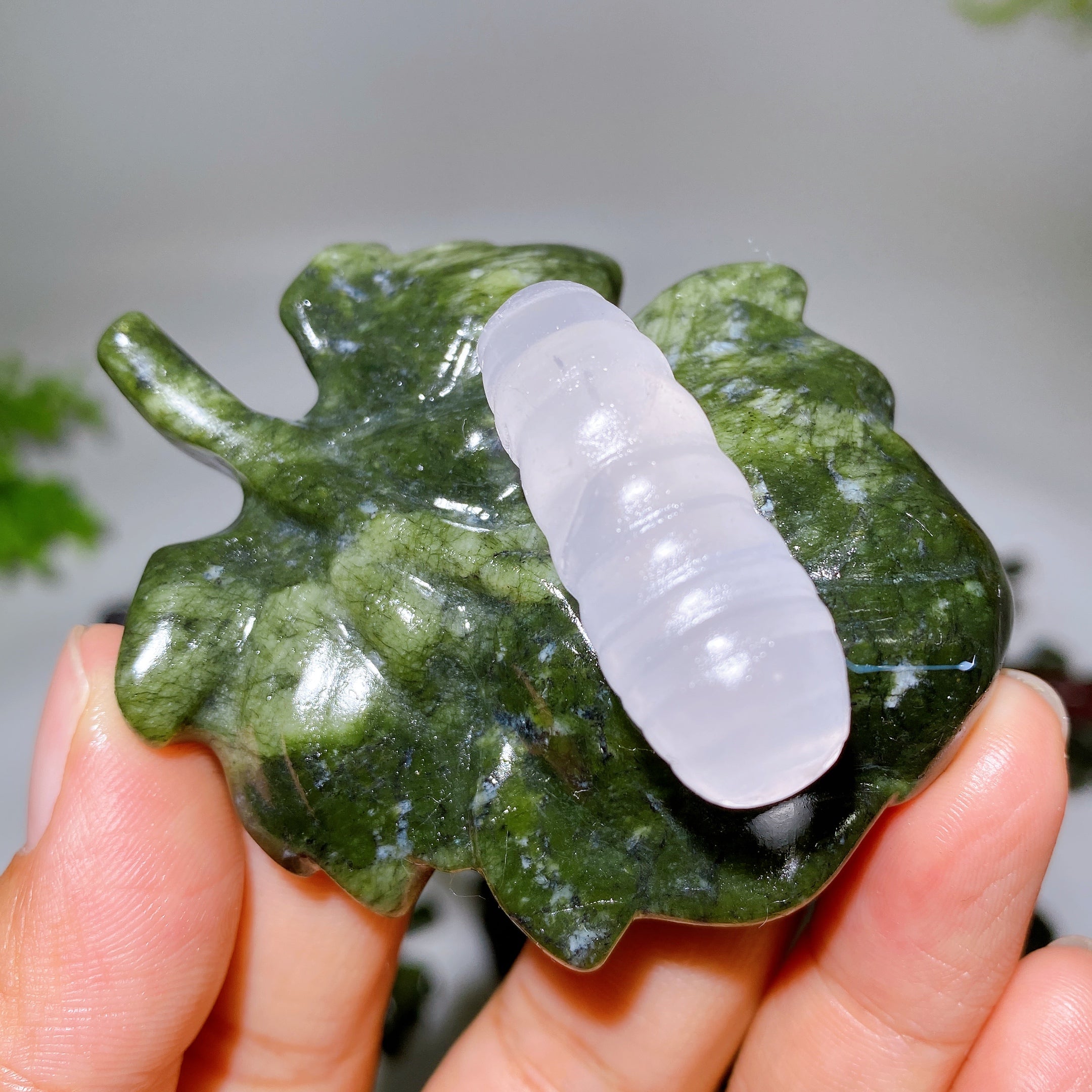2.7 Inch Crystal Silkworm on Serpentine Leaf Figurine