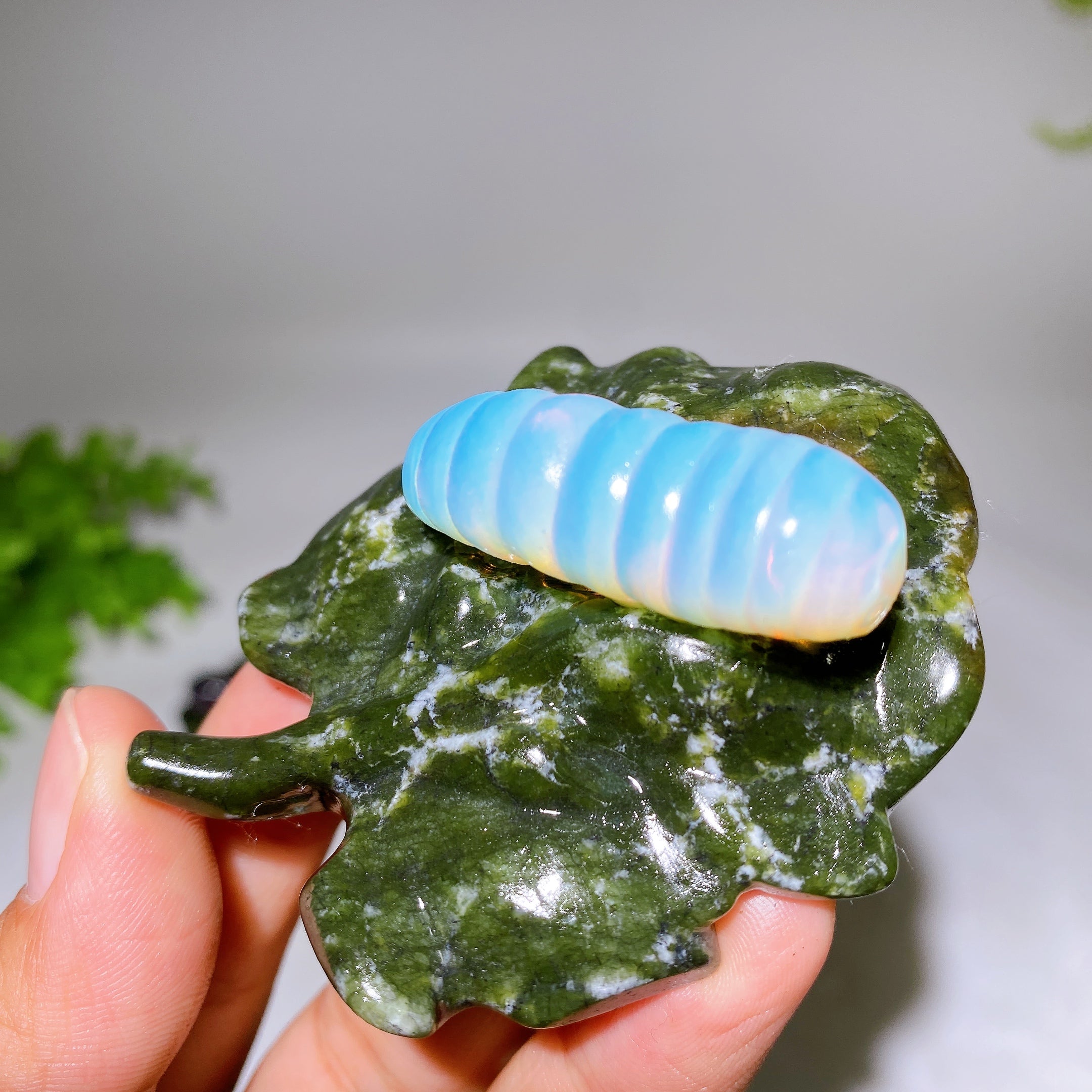 2.7 Inch Crystal Silkworm on Serpentine Leaf Figurine