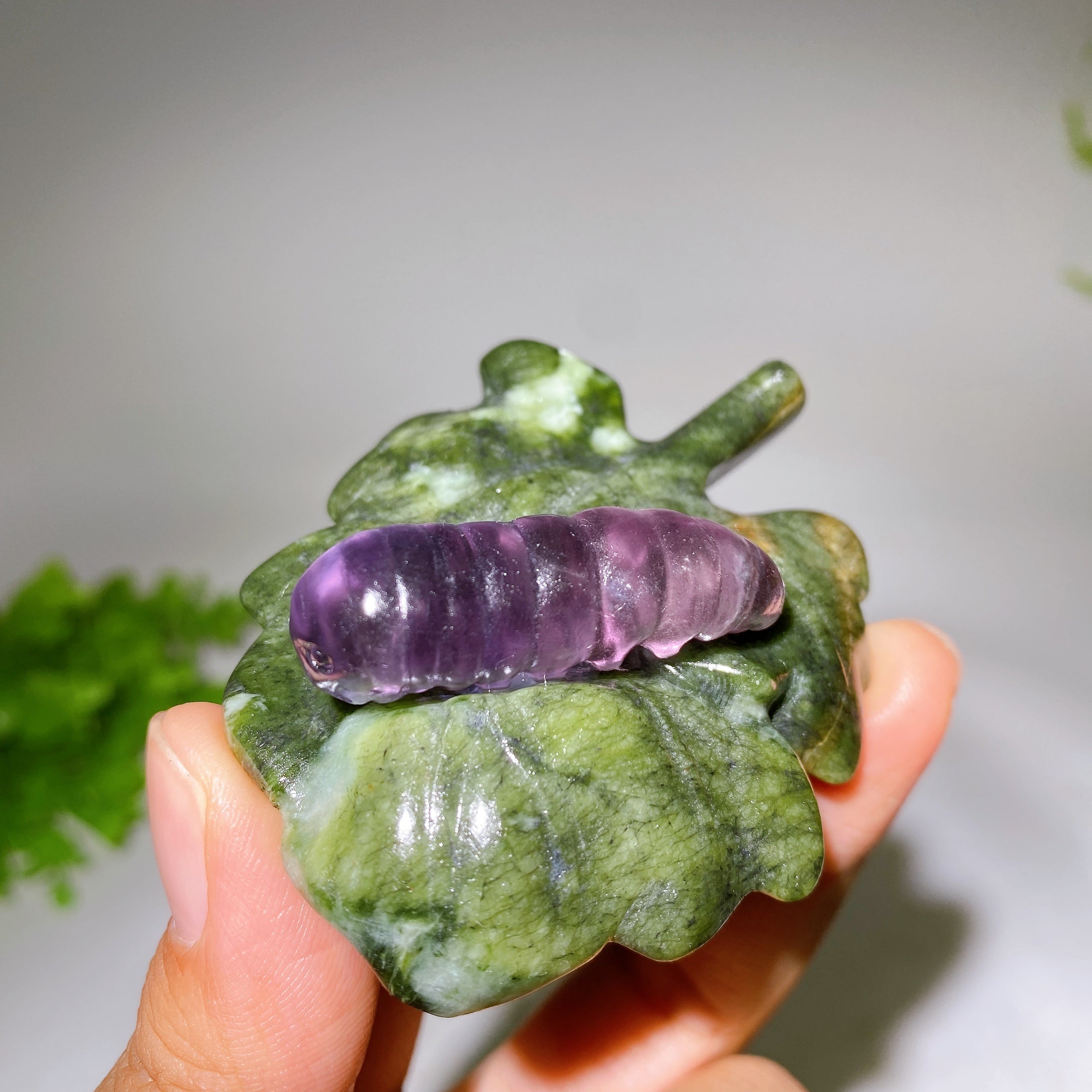 2.7 Inch Crystal Silkworm on Serpentine Leaf Figurine