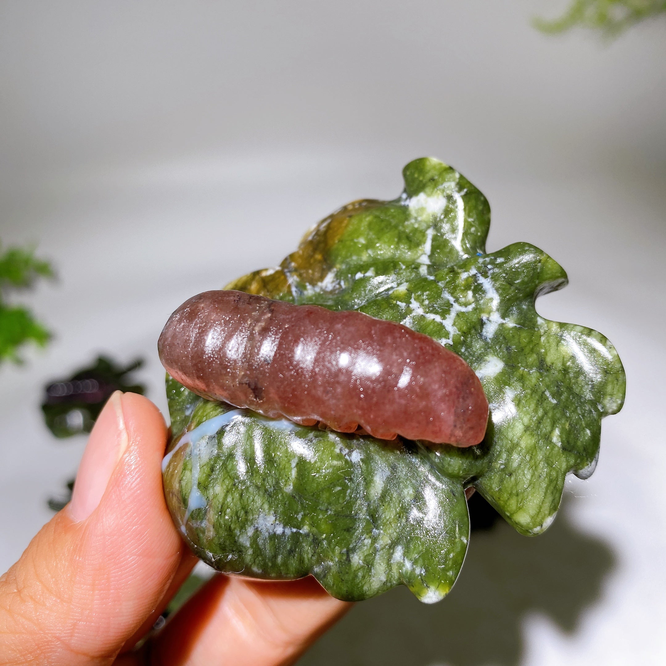 2.7 Inch Crystal Silkworm on Serpentine Leaf Figurine