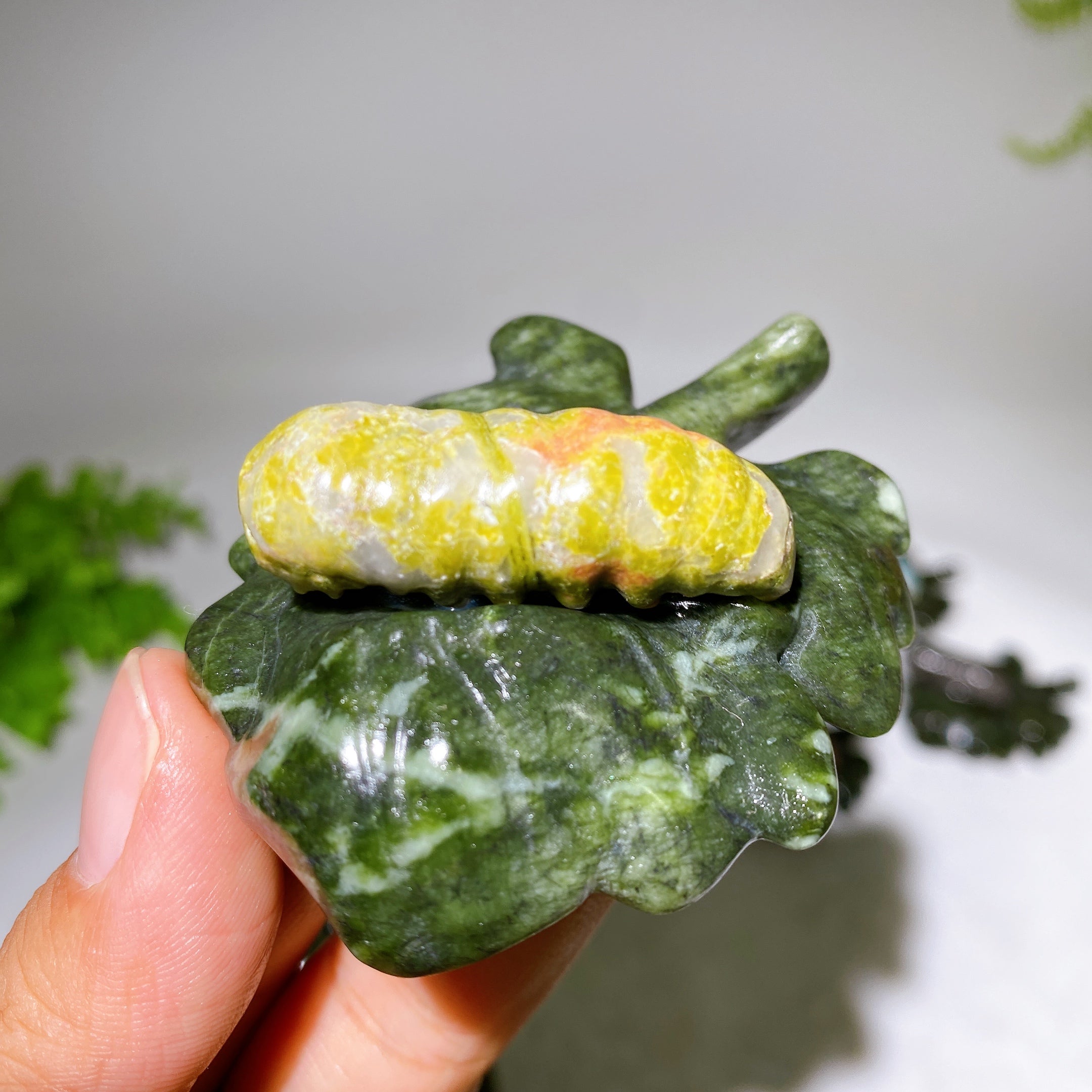2.7 Inch Crystal Silkworm on Serpentine Leaf Figurine