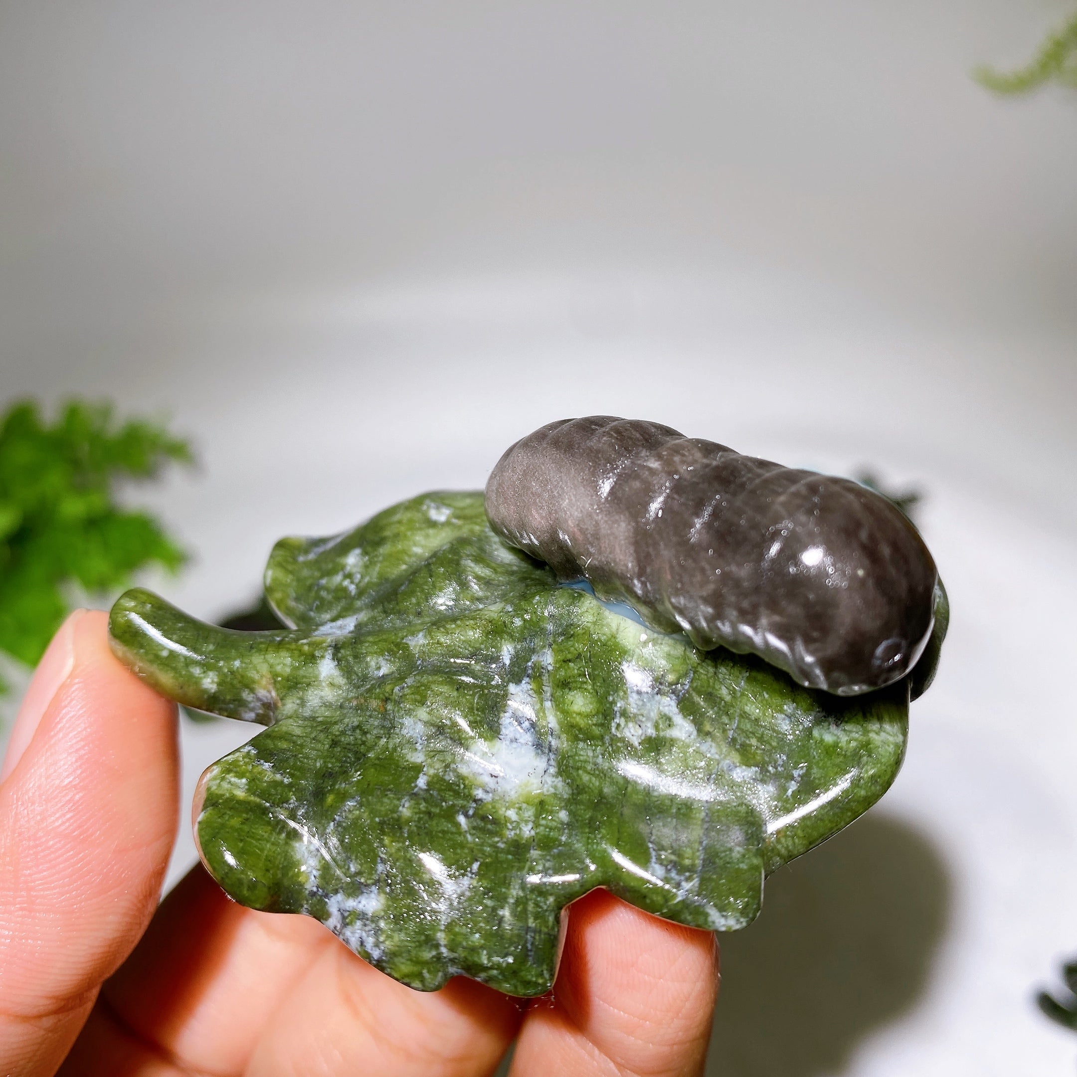 2.7 Inch Crystal Silkworm on Serpentine Leaf Figurine