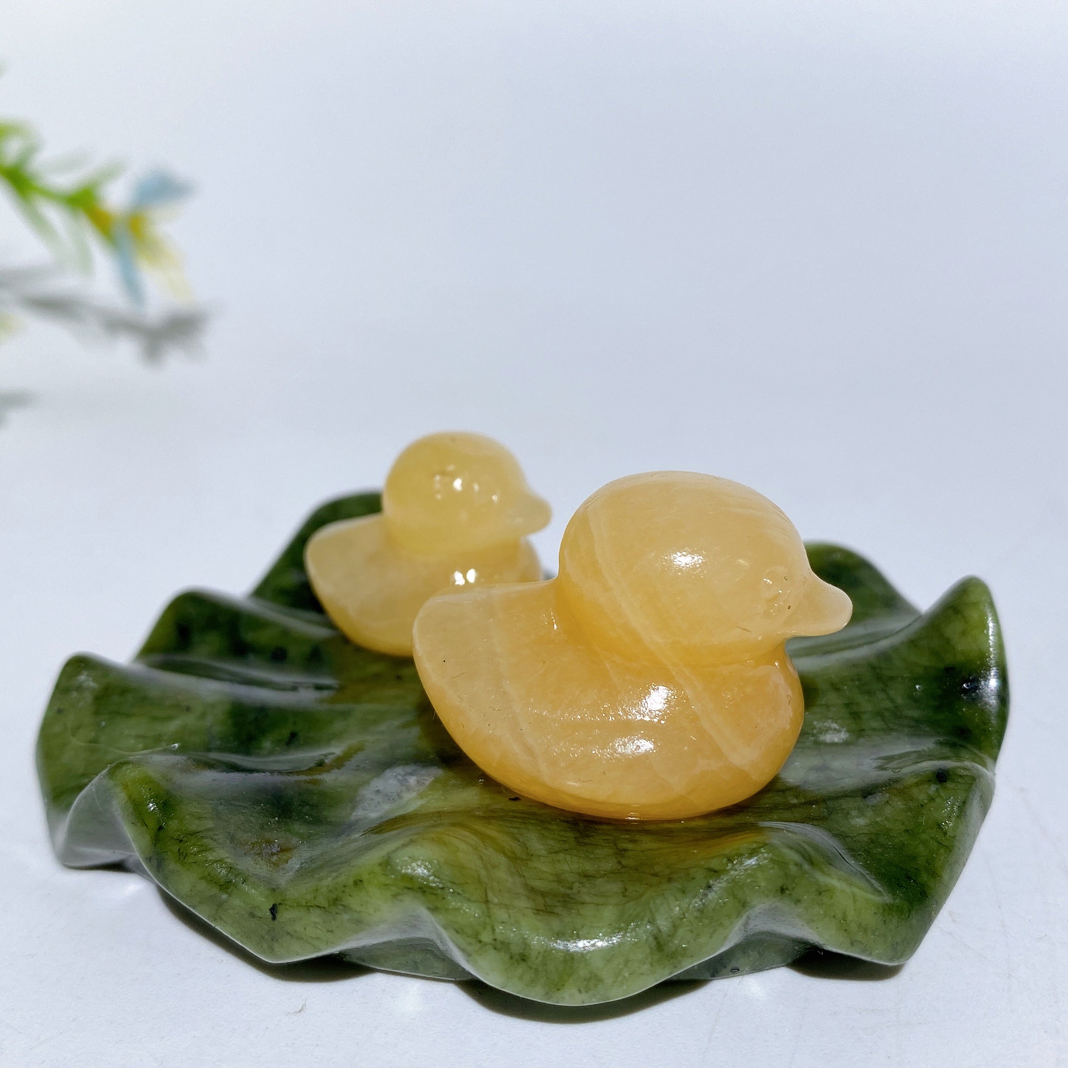 2.7 Inch Orange Calcite Crystal Ducks on Lotus Leaf Figurine