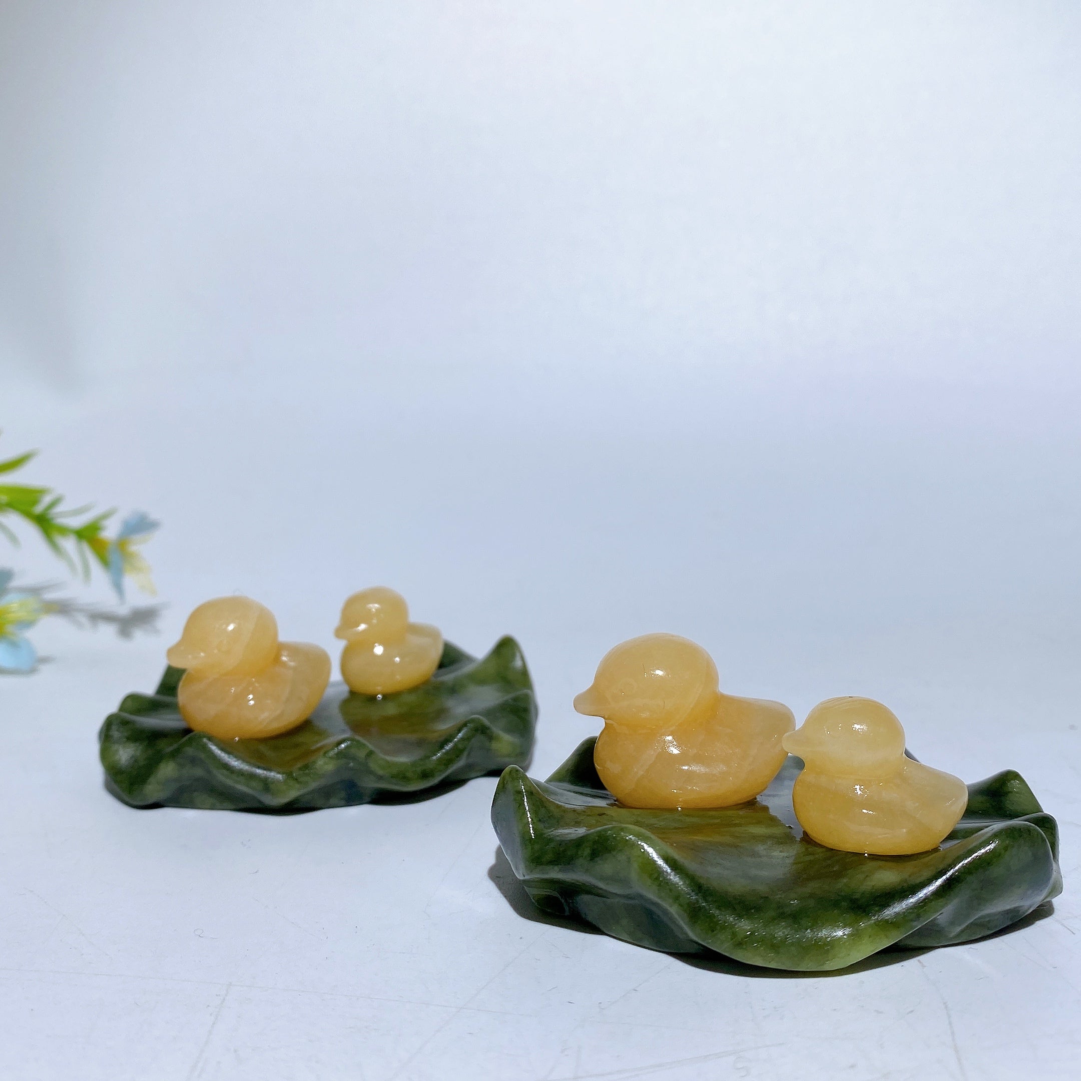 2.7 Inch Orange Calcite Crystal Ducks on Lotus Leaf Figurine