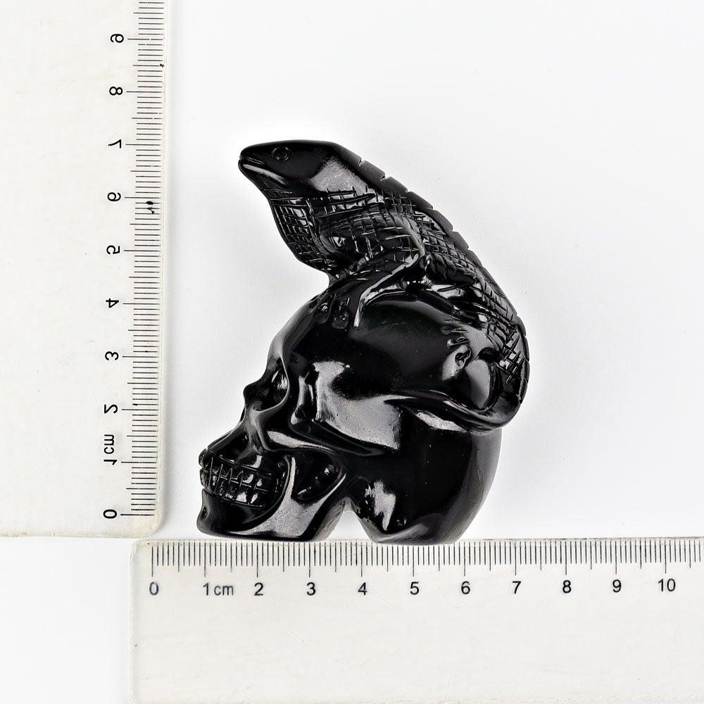 2.8 Inch Black Obsidian Crystal Skull Carving with Lizard