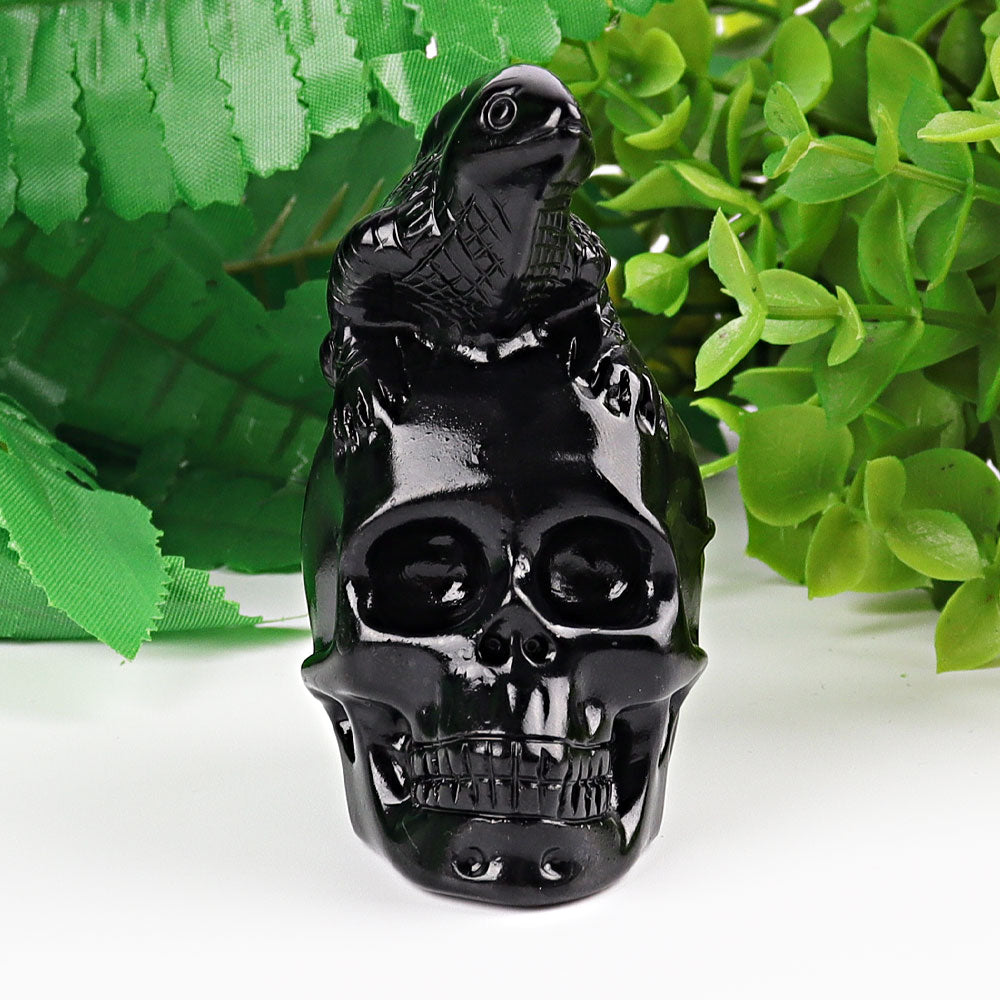 2.8 Inch Black Obsidian Crystal Skull Carving with Lizard