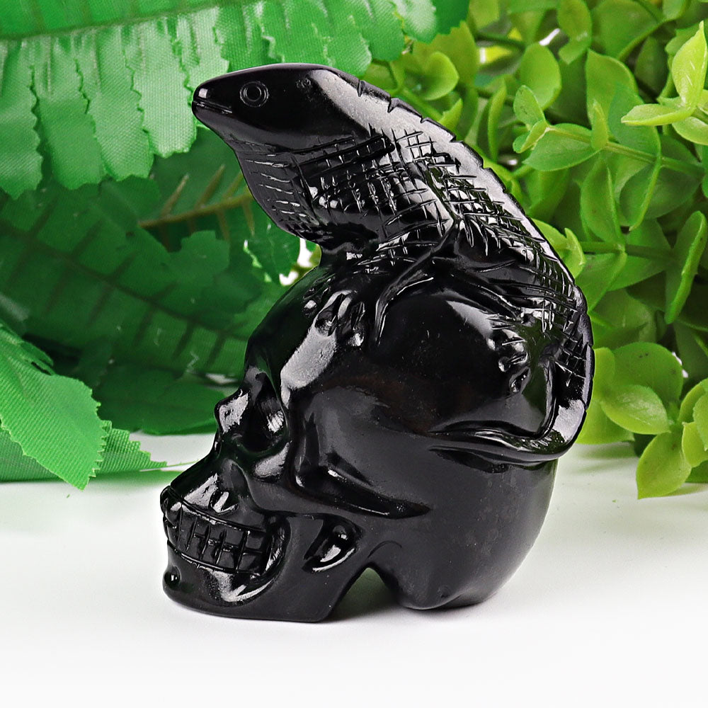 2.8 Inch Black Obsidian Crystal Skull Carving with Lizard