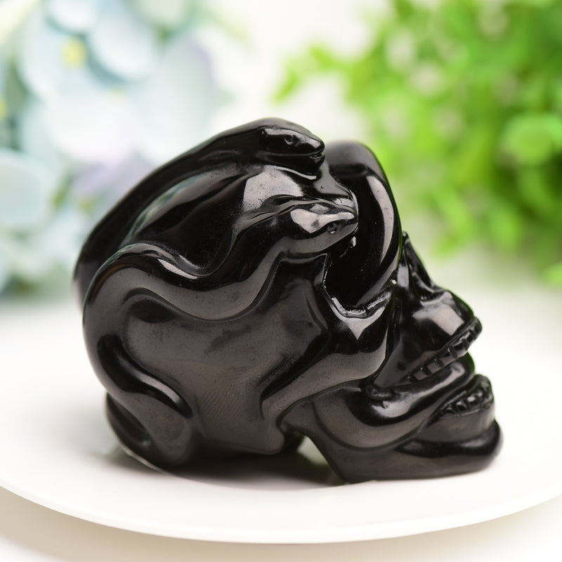 2.9" Black Obsidian Crystal Skull with Snake Decor