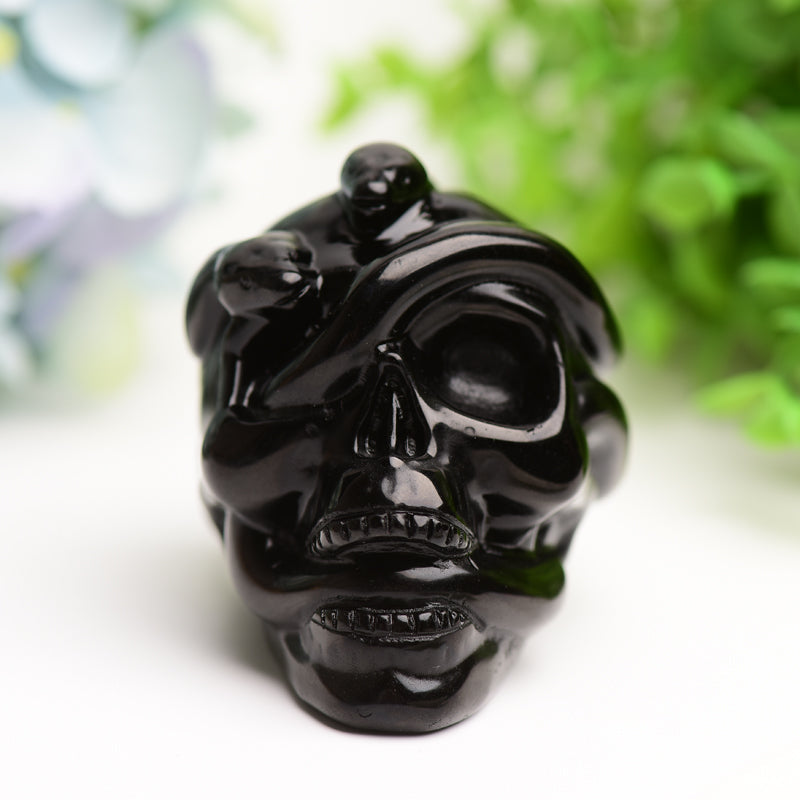 2.9" Black Obsidian Crystal Skull with Snake Decor
