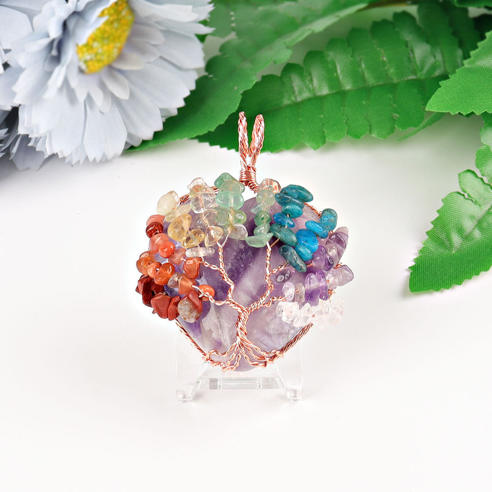 2-inch Chakra Tree of Life Pendant with Wire Wrapped Heart