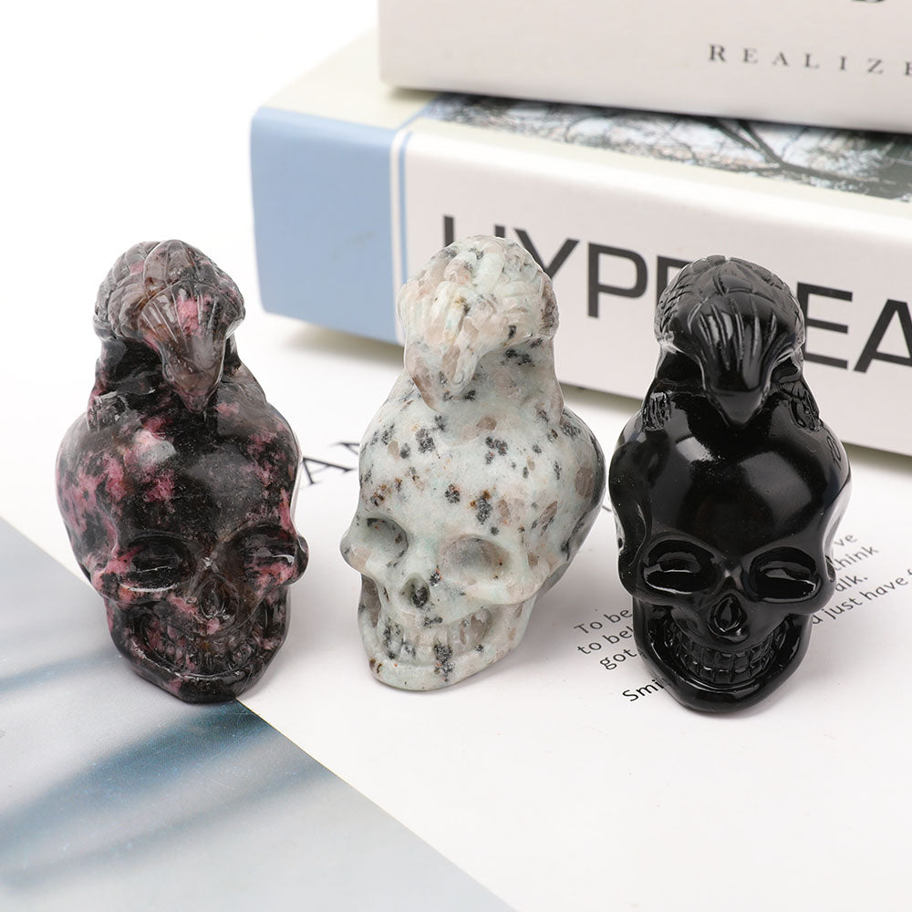 2 Inch Crystal Skull Carving in Kiwi Jasper, Rhodonite & Obsidian
