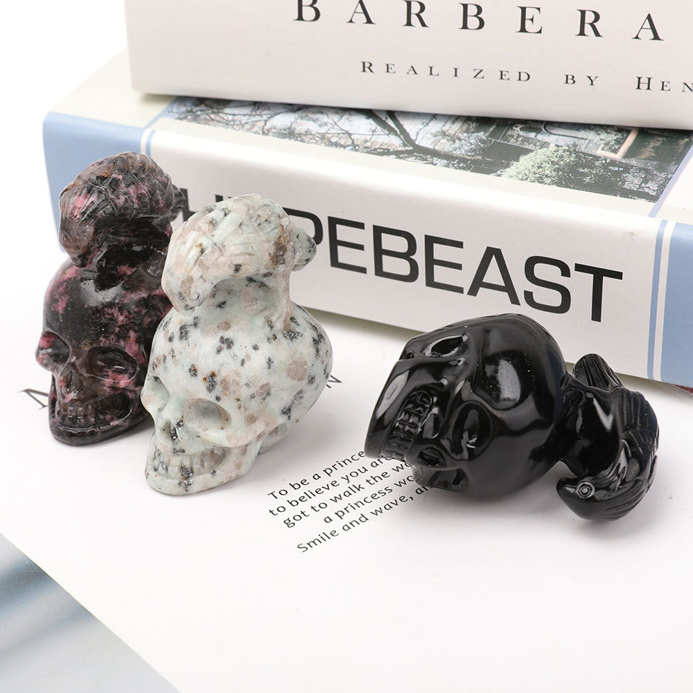 2 Inch Crystal Skull Carving in Kiwi Jasper, Rhodonite & Obsidian