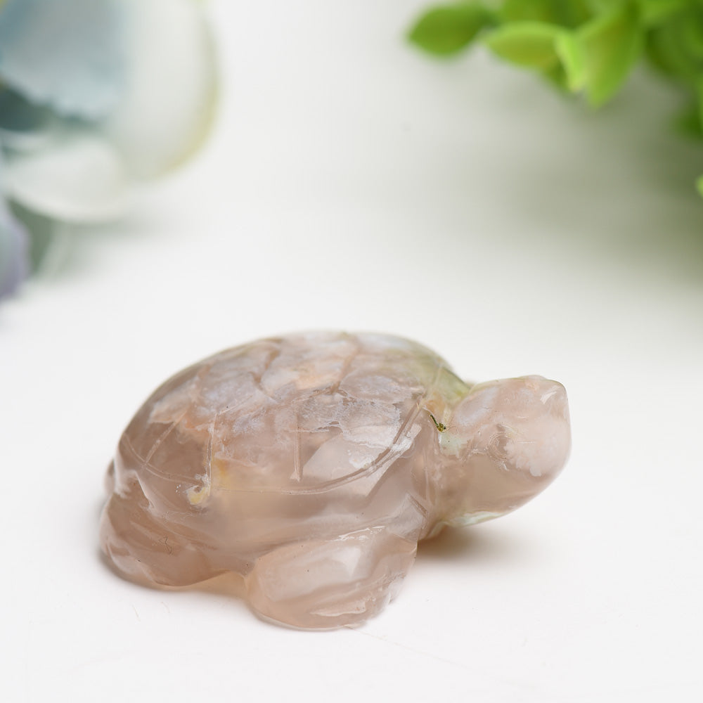 2-Inch Flower Agate Crystal Turtle Figurine for Prosperity