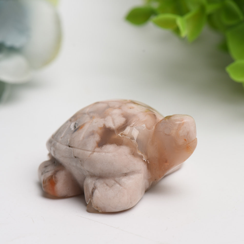 2-Inch Flower Agate Crystal Turtle Figurine for Prosperity