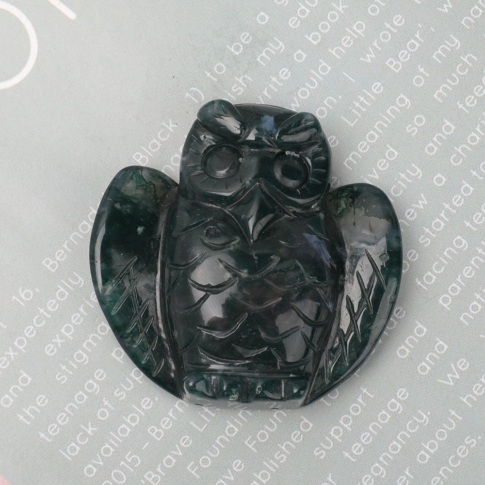 2 inch Moss Agate Crystal Owl Carving for Wisdom
