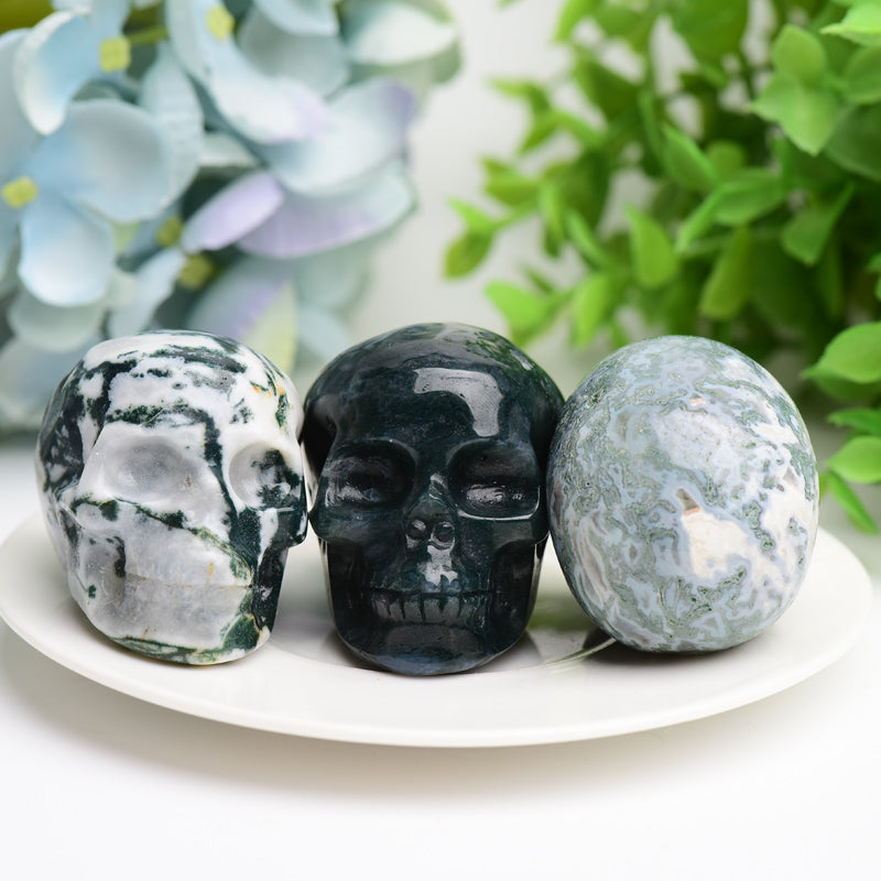 2 Inch Moss Agate Crystal Skull Figurine for Healing