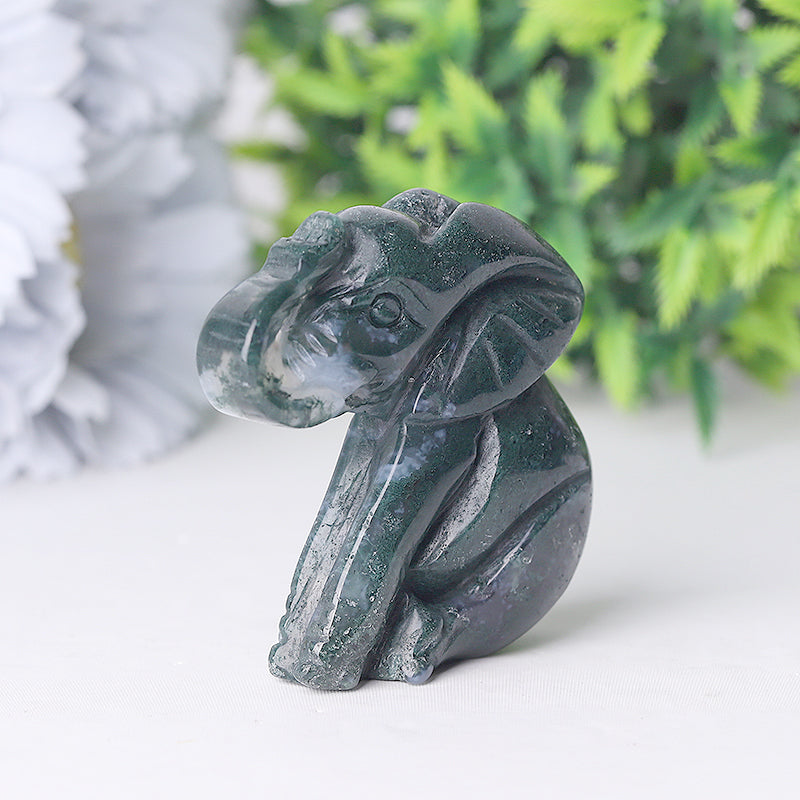 2 inch Moss Agate Elephant Crystal Carving for Healing