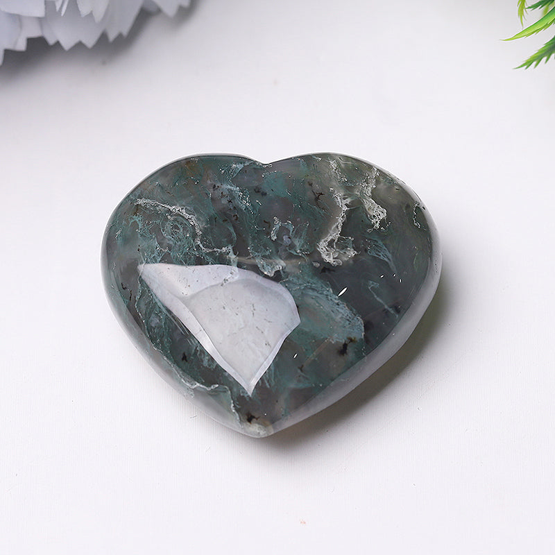 2 Inch Moss Agate Heart Crystal Carving for Healing