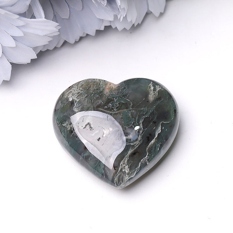 2 Inch Moss Agate Heart Crystal Carving for Healing