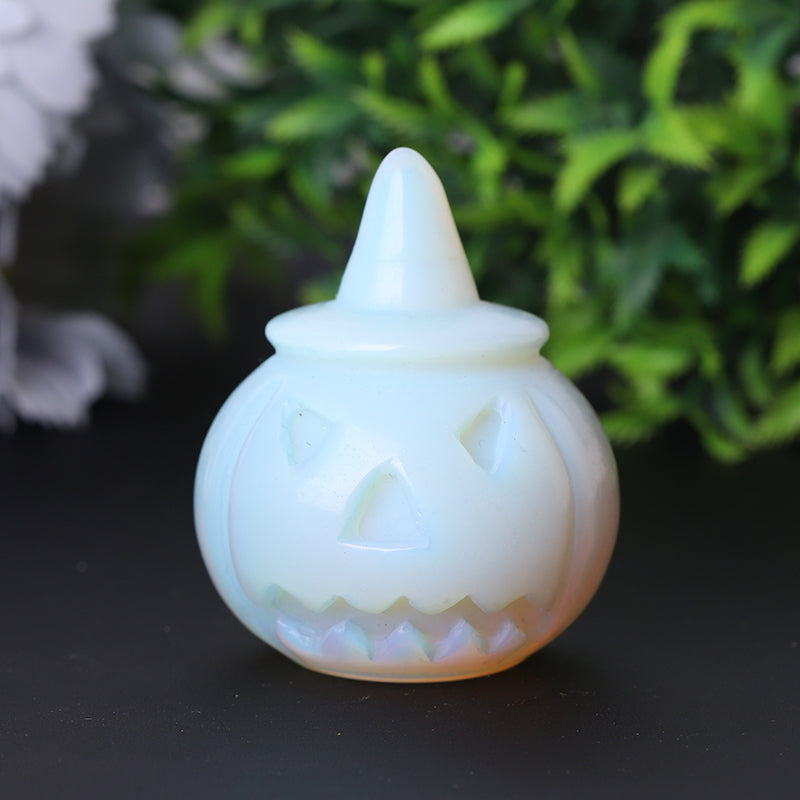 2-Inch Opalite Pumpkin Crystal Figurine with Carvings