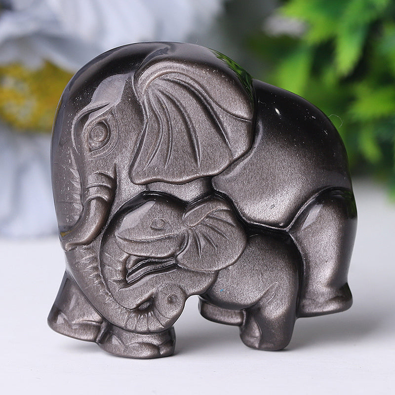 2 inch Silver Obsidian Crystal Elephant Carving