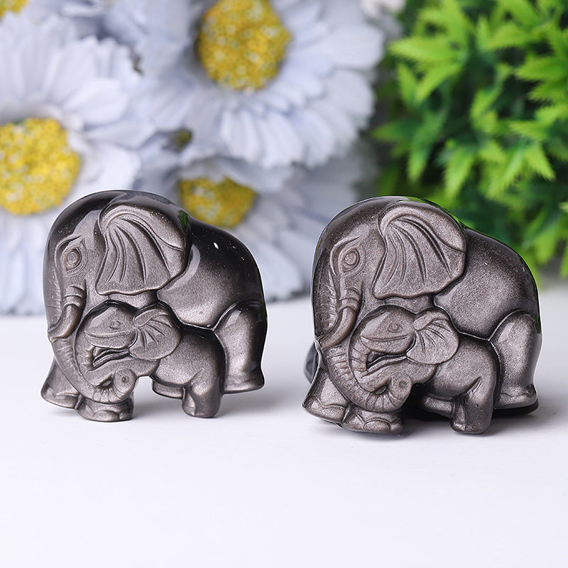 2 inch Silver Obsidian Crystal Elephant Carving