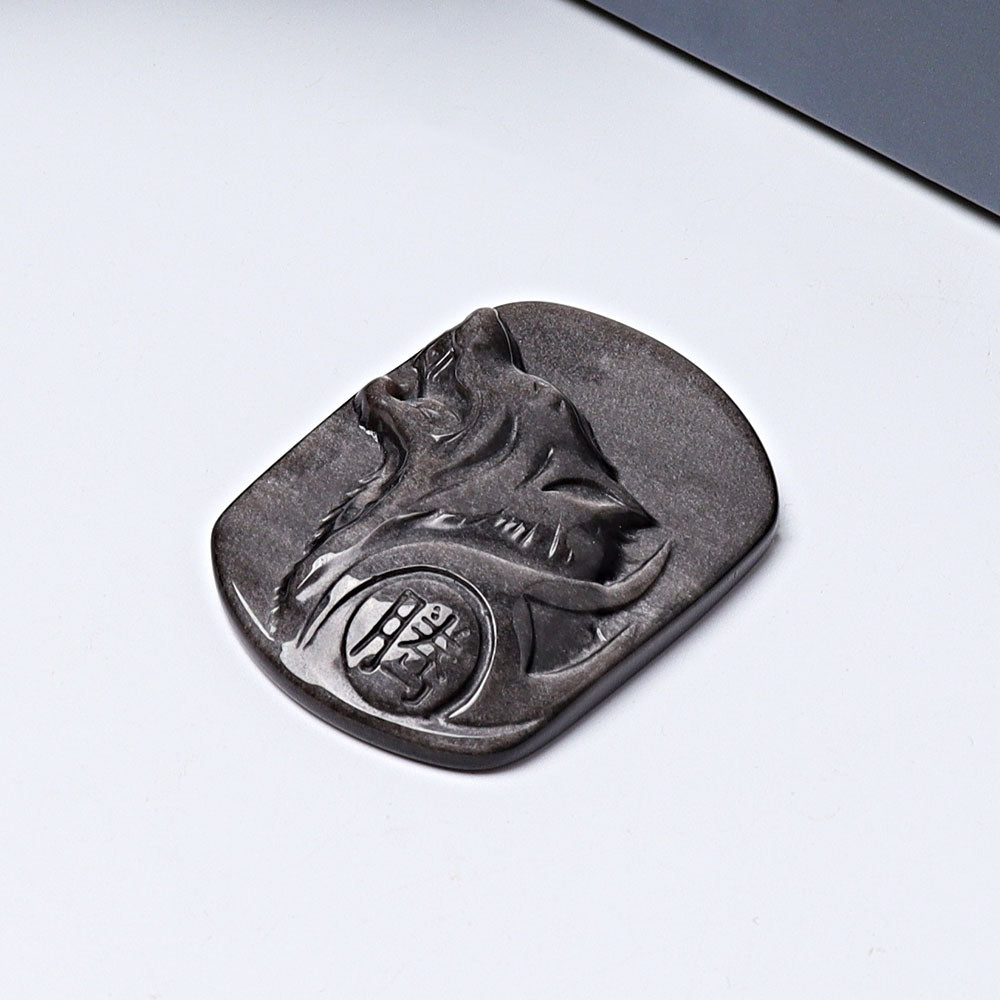 2 Inch Silver Obsidian Crystal Wolf Carving Sculpture