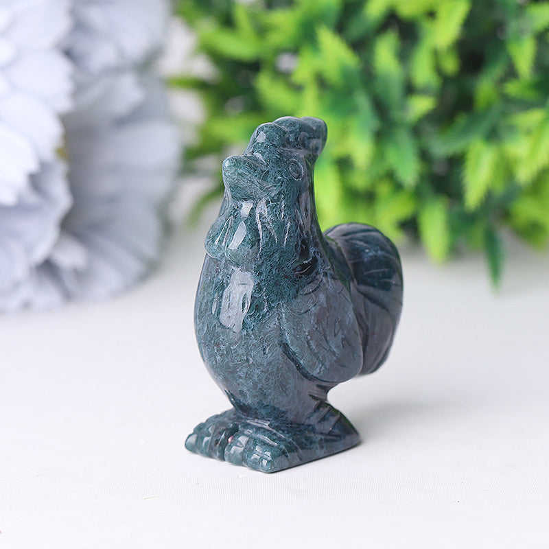 2" Moss Agate Rooster Crystal Figurine for Abundance & Healing