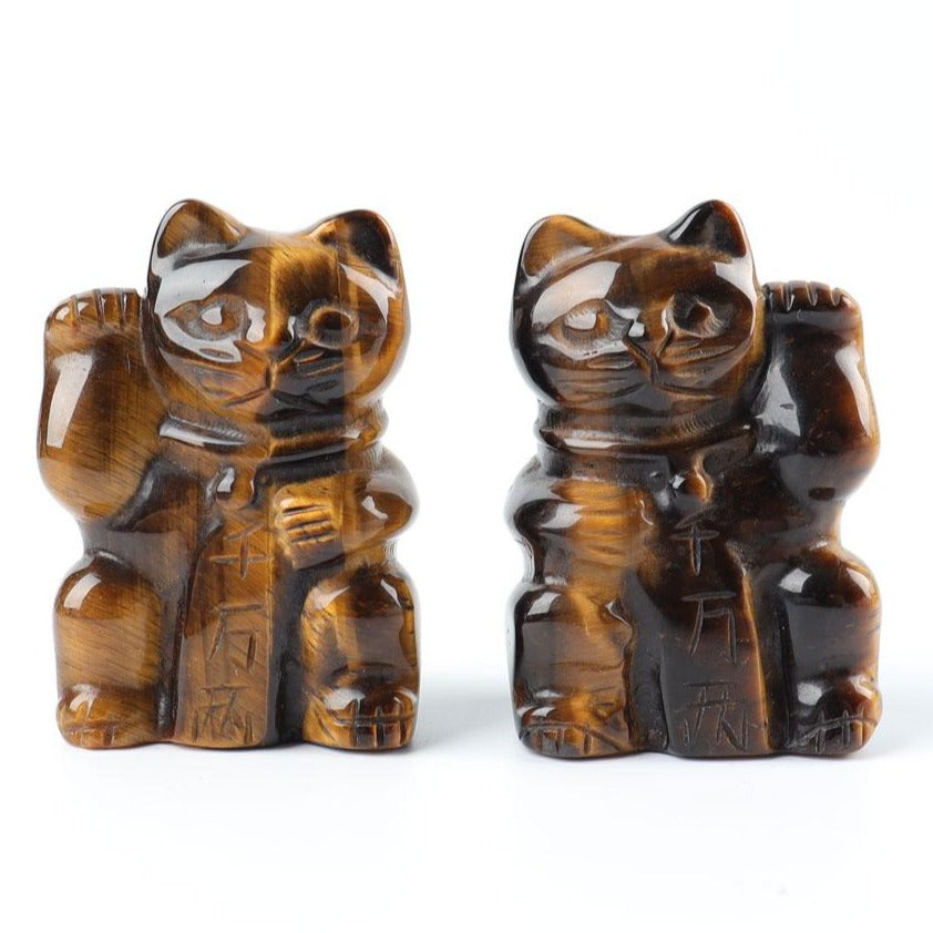 2" Tiger Eye Crystal Lucky Cat Carving for Protection