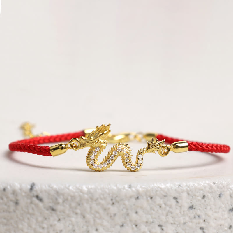 925 Sterling Silver Dragon Luck Bracelet | Red Rope or Gold Chain
