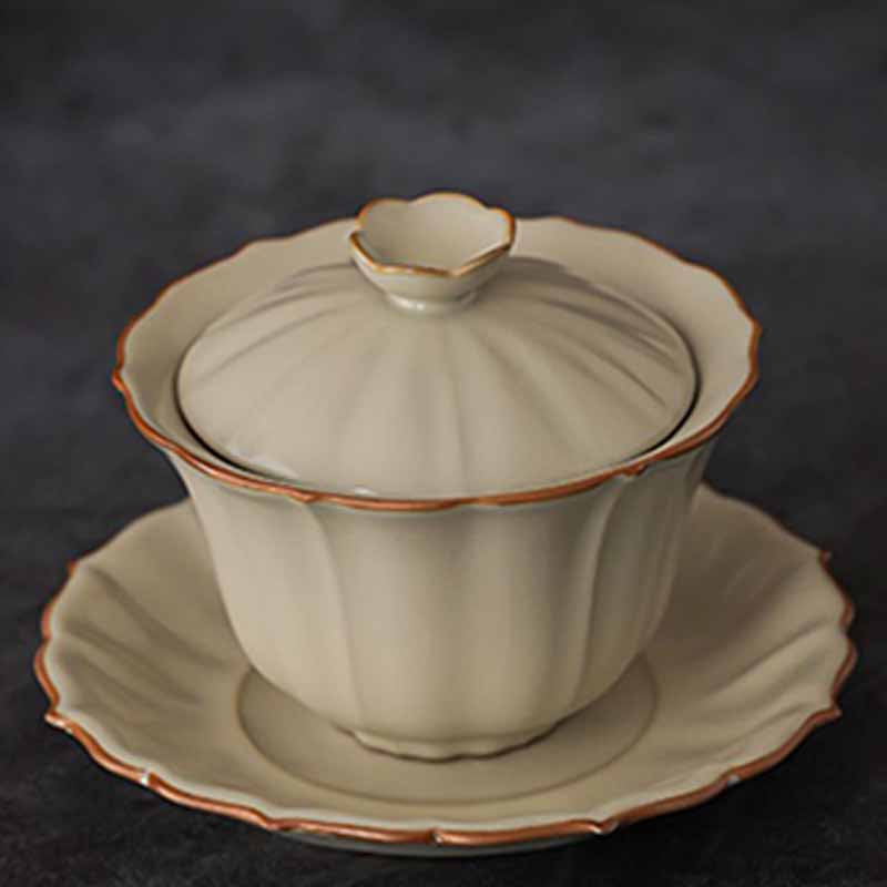 Beige Ceramic Gaiwan with Plum Blossom Design 120ml Tea Set