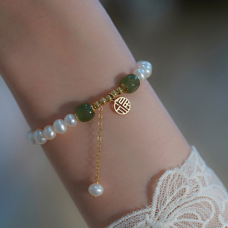 Hetian Jade Pearl Bead Bracelet for Happiness & Wisdom