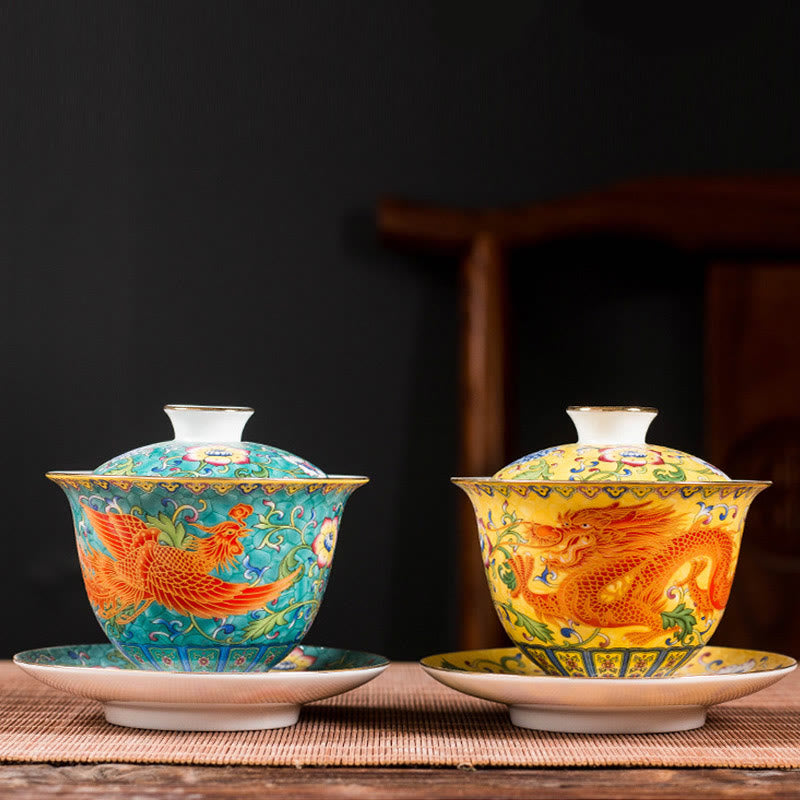Ceramic Gaiwan Dragon Phoenix Tea Cup 160ml with Lid