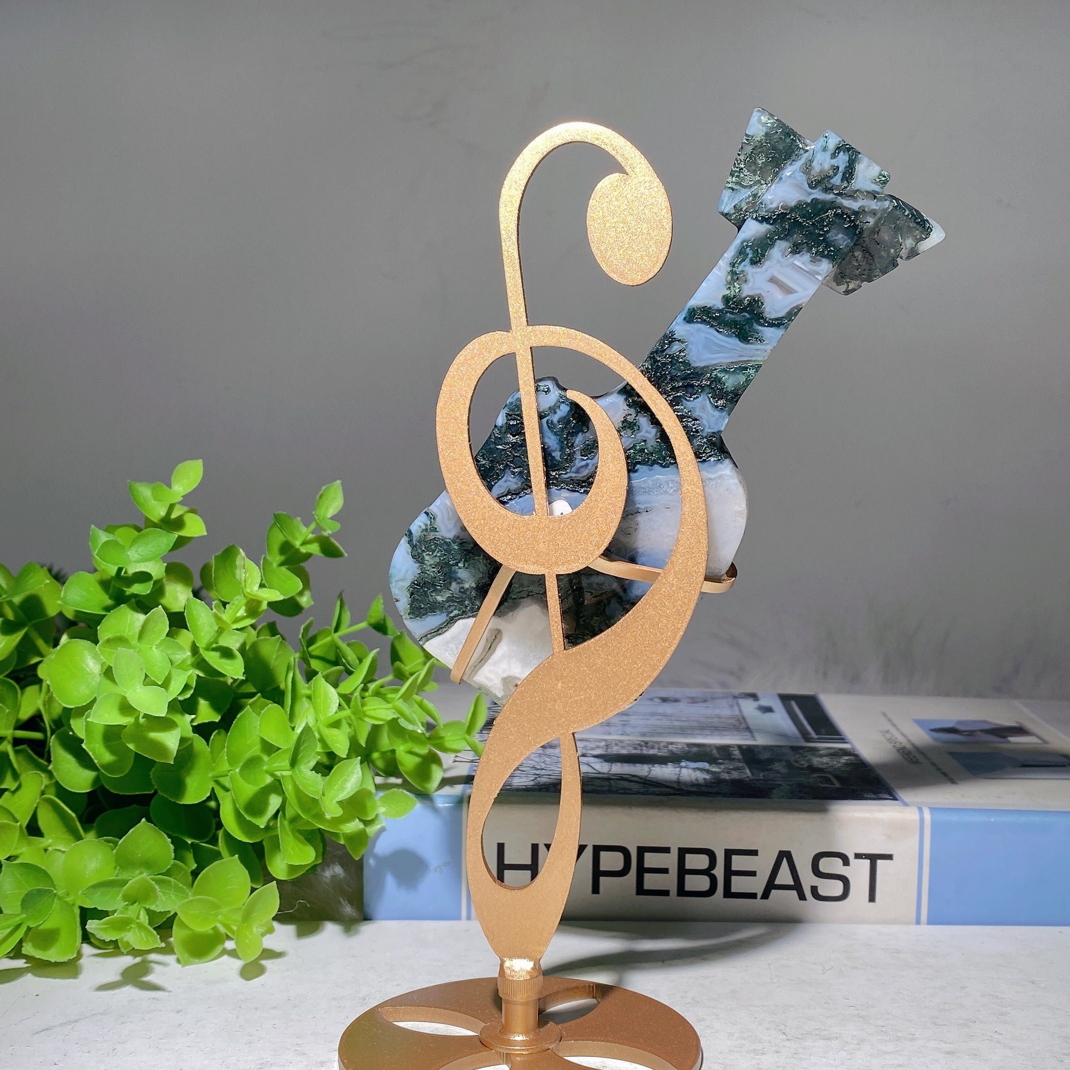 20cm Moss Agate Guitar Crystal Figurine with Stand