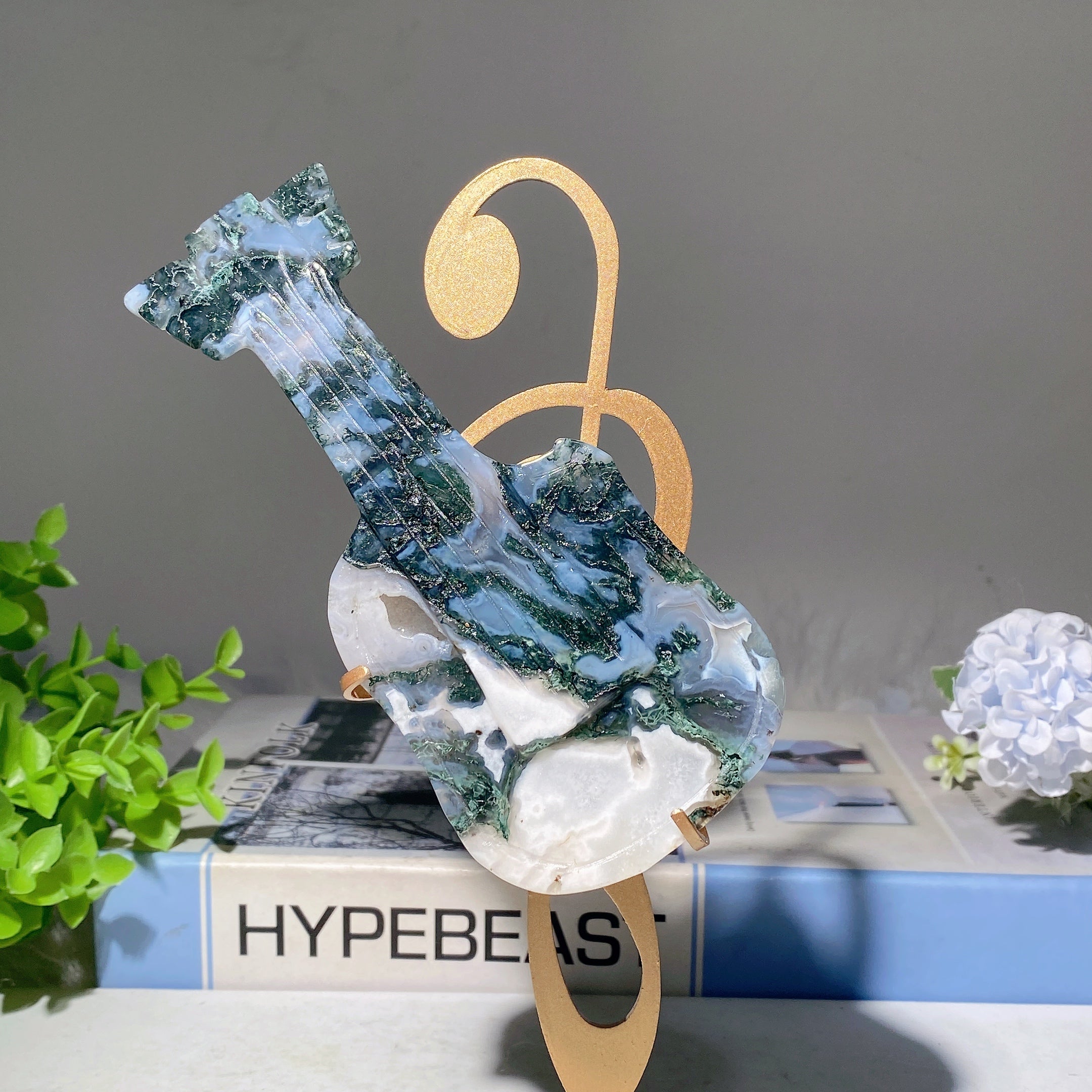 20cm Moss Agate Guitar Crystal Figurine with Stand