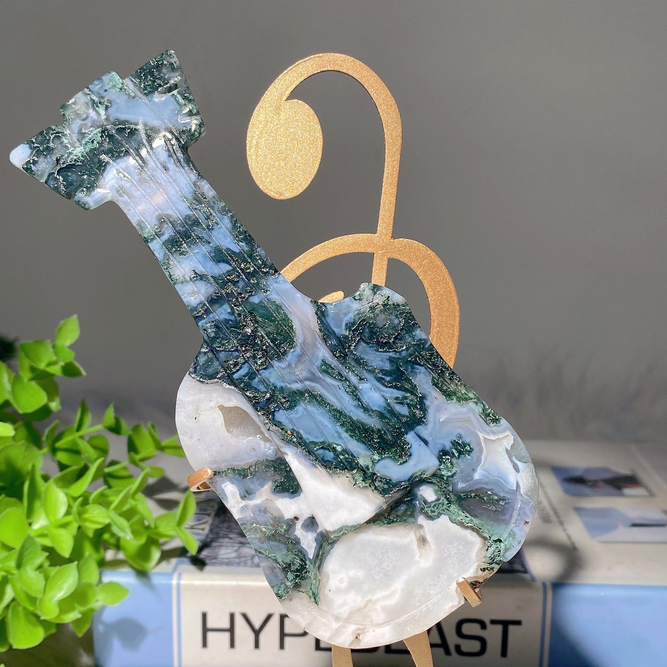 20cm Moss Agate Guitar Crystal Figurine with Stand