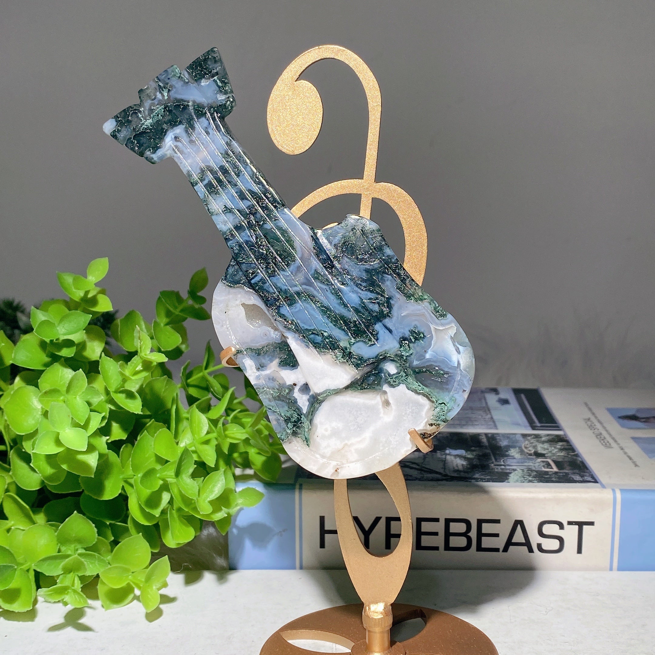 20cm Moss Agate Guitar Crystal Figurine with Stand