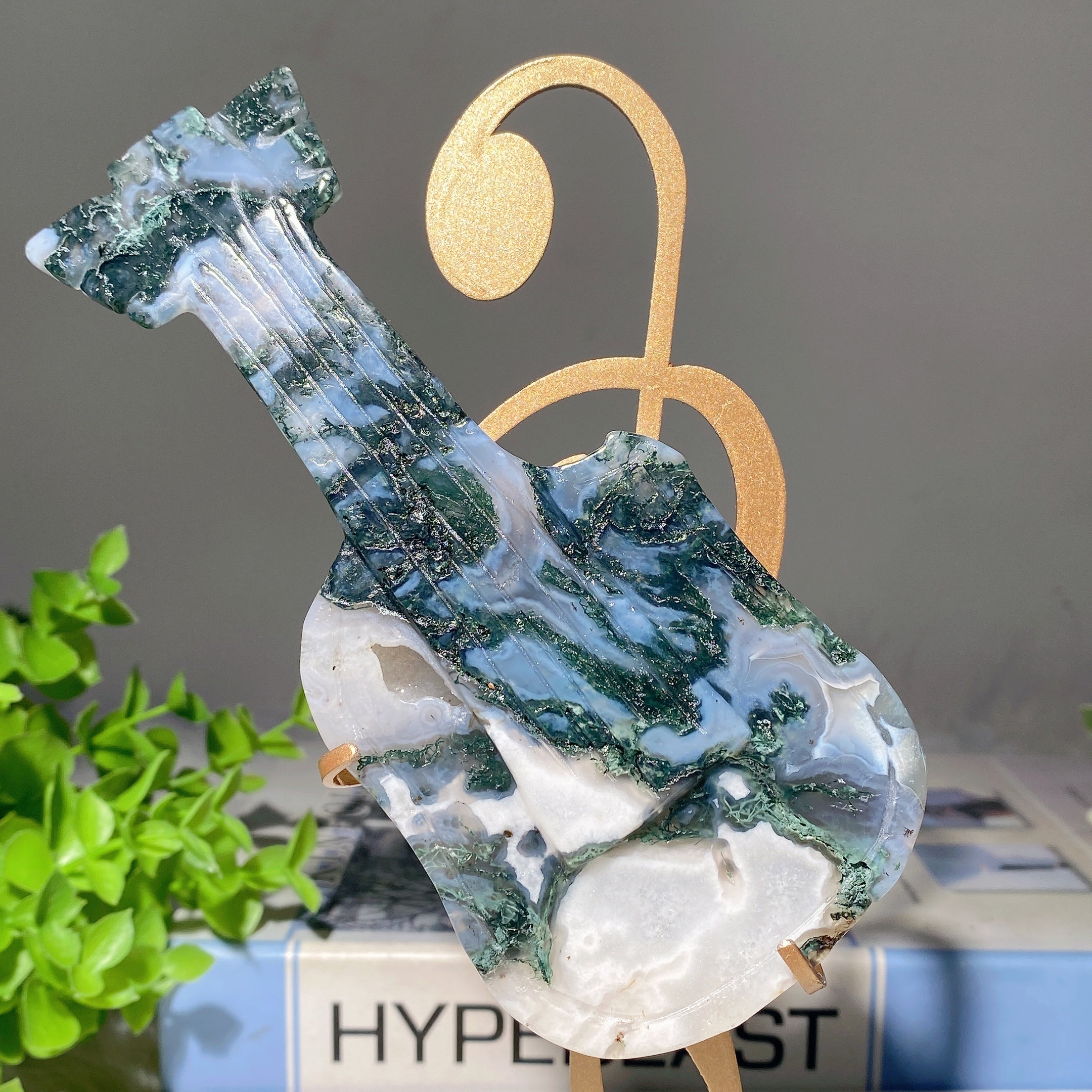 20cm Moss Agate Guitar Crystal Figurine with Stand