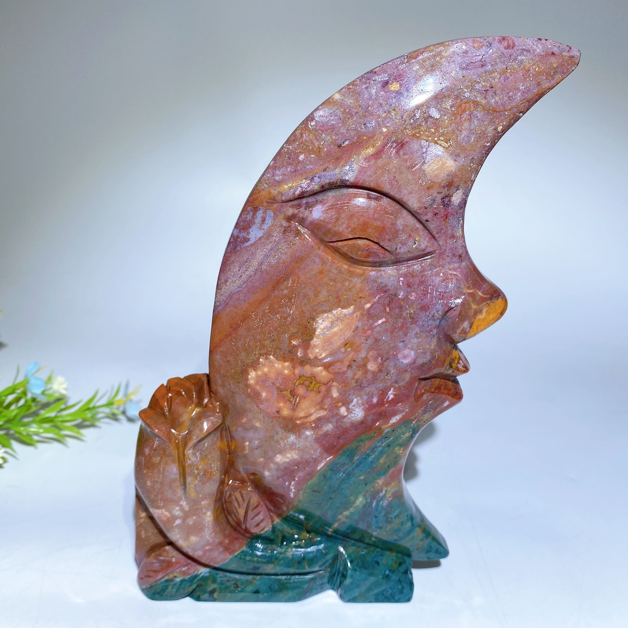 20cm Ocean Jasper Moon Face Crystal Figurine for Healing