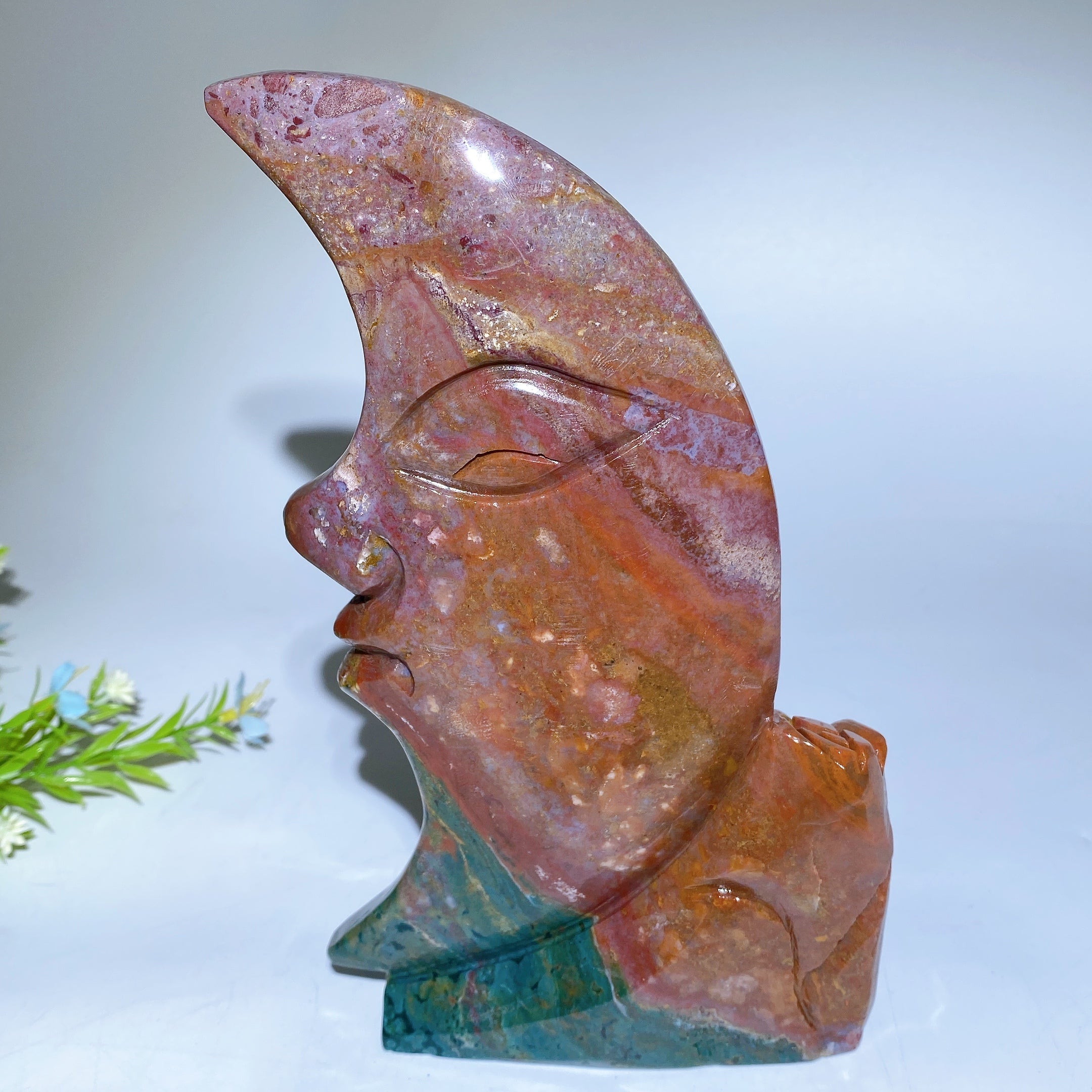 20cm Ocean Jasper Moon Face Crystal Figurine for Healing