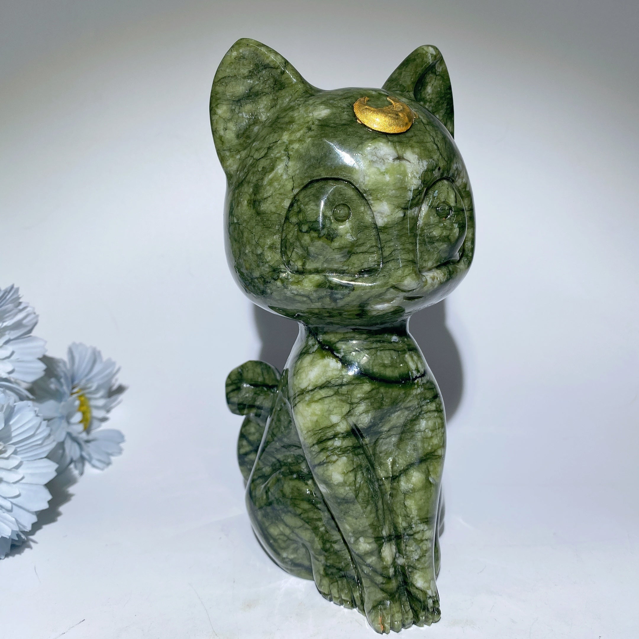 20cm Zebra Jasper and Serpentine Cat Carving Crystal Figurine