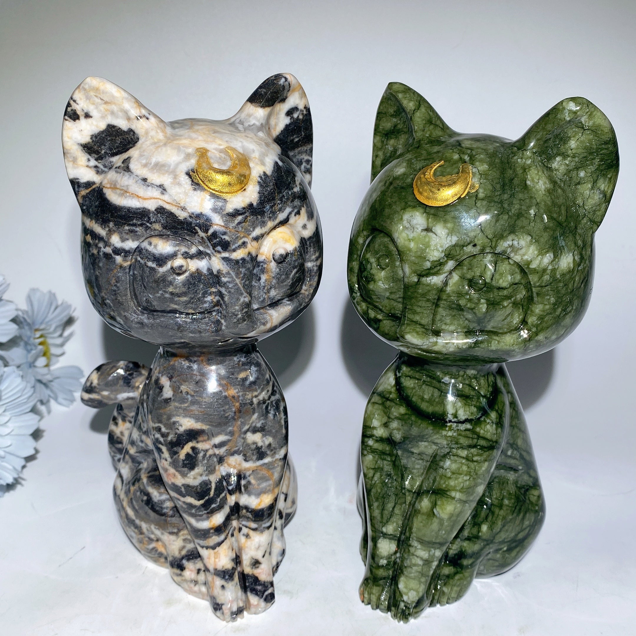 20cm Zebra Jasper and Serpentine Cat Carving Crystal Figurine