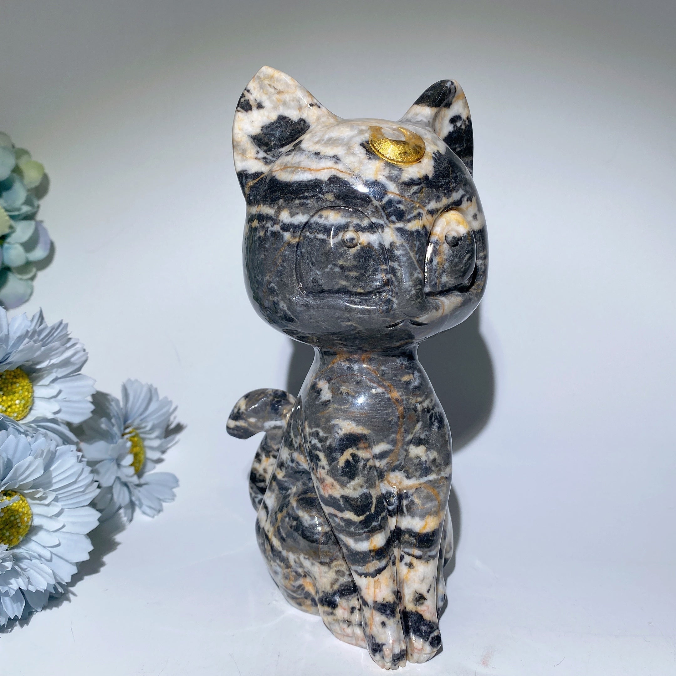 20cm Zebra Jasper and Serpentine Cat Carving Crystal Figurine