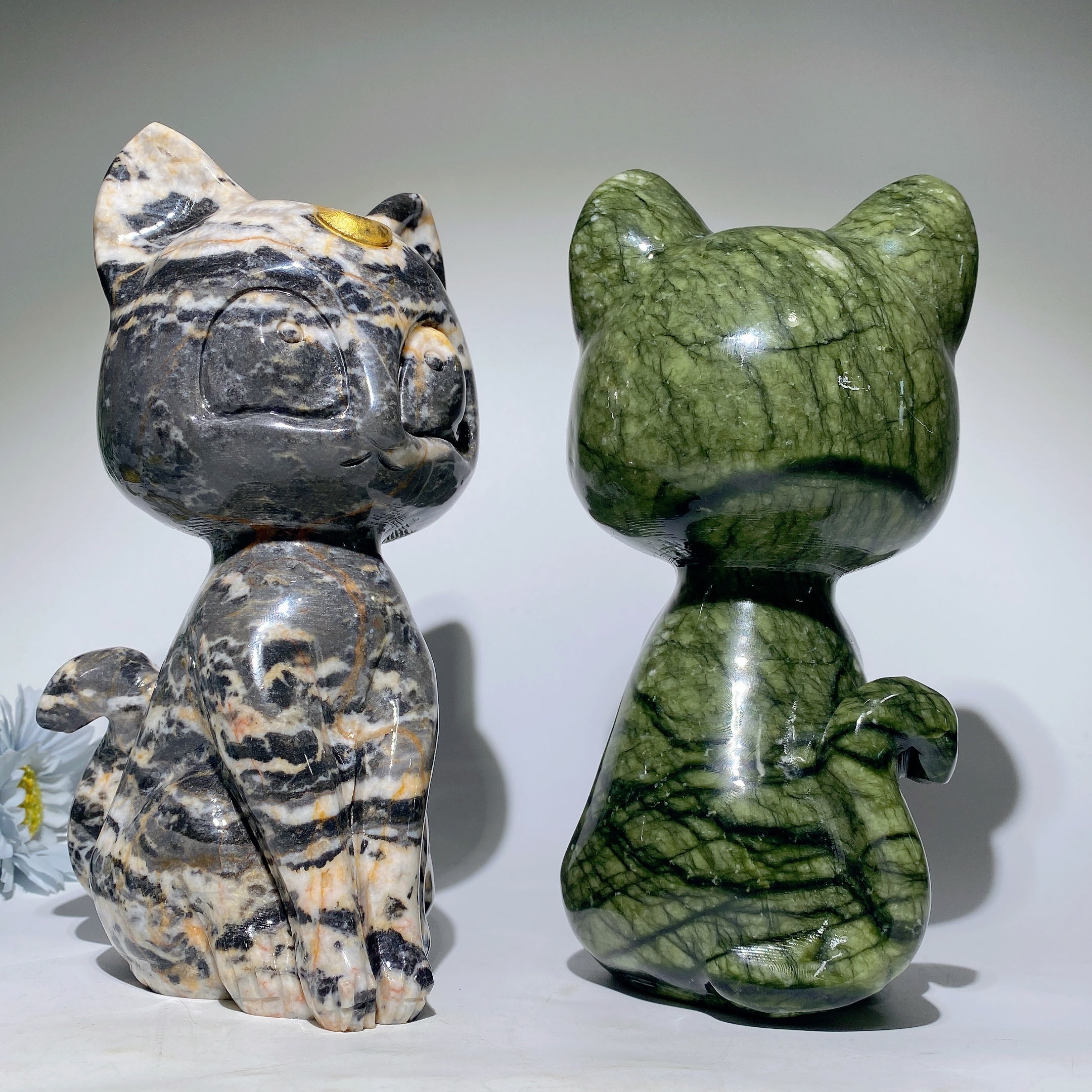 20cm Zebra Jasper and Serpentine Cat Carving Crystal Figurine