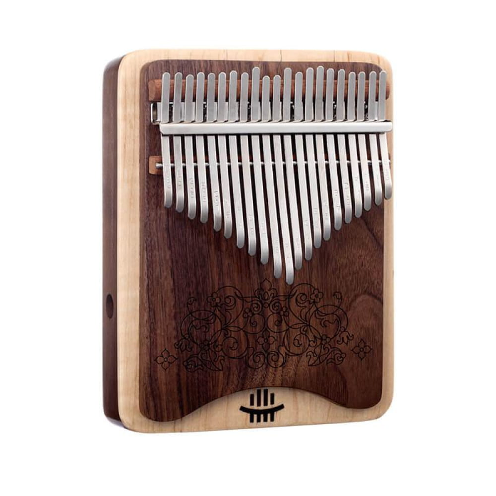 Wooden Kalimba thumb piano with floral engraving and metal tines for meditation