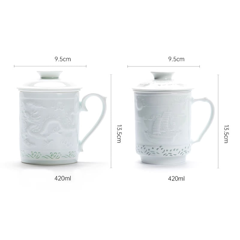 420ml Jingdezhen Porcelain Zen Tea Cup with Dragon Phoenix Design