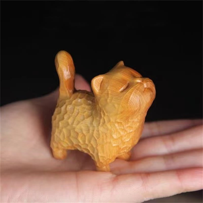 6cm Thuja Sutchuenensis & Boxwood Cat Figurine for Prosperity & Grounding
